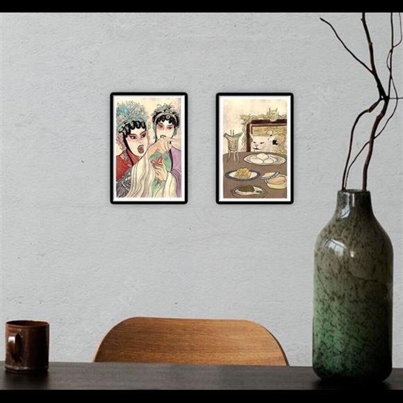 Wall Decor Chinese Lady Yelling Cat Meme Wall Art Decor Set Of 2